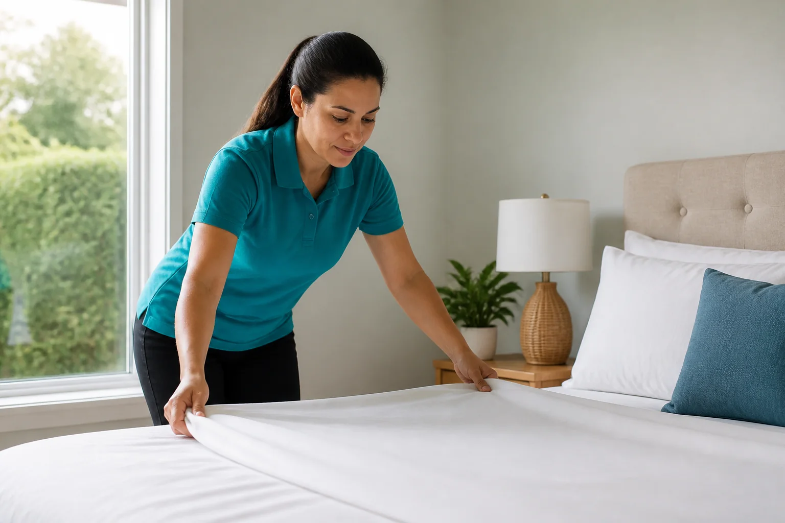 Cleaner remaking a bed with fresh linen