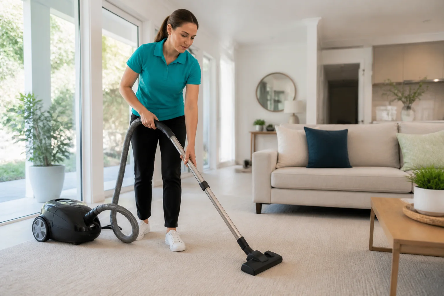 Cleaner vacuuming a residential carpet