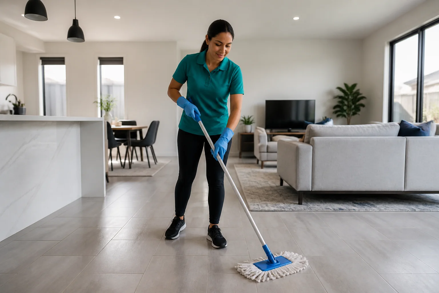 Cleaner mopping a residential hard floor