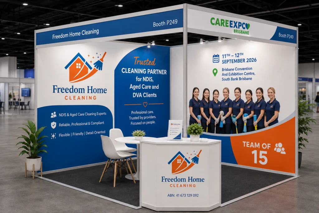 Freedom Home Cleaning booth preview for Care Expo Brisbane 2026, Booth P249