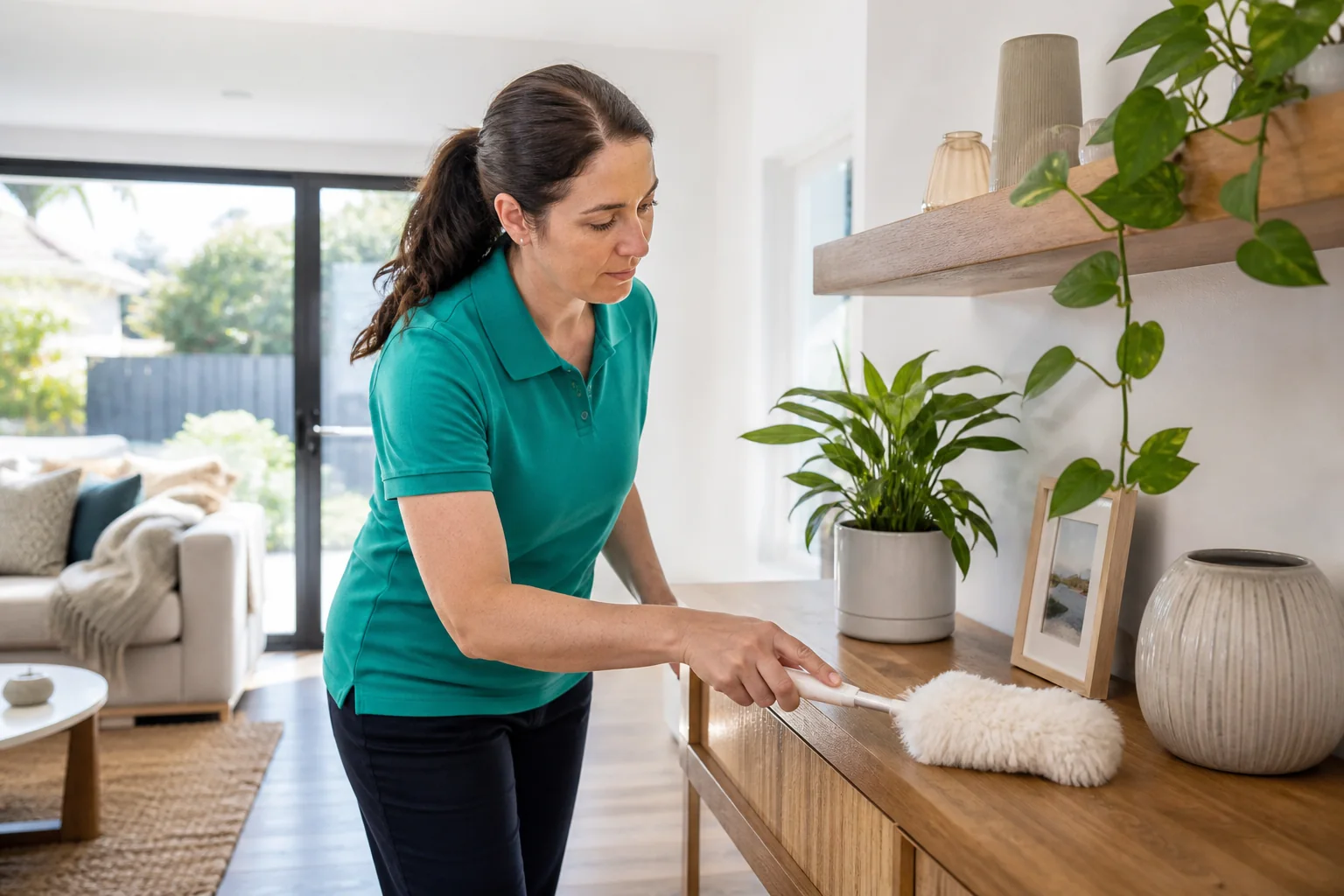 Cleaner dusting accessible living room surfaces